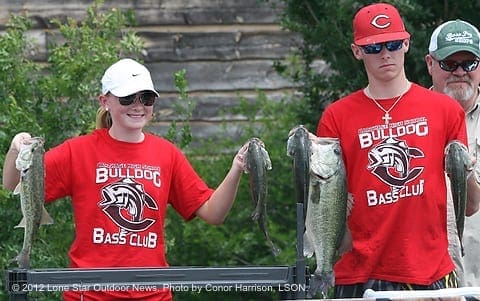 The Carthage High School team of Keaton Davis, left, and Cole Clinton hold their five fish Saturday. The 5-bass limit earned them a third place finish. Photo by LSON. IMG 6286