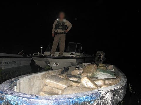 A GOOD HAUL: A game warden stands next to a boatload of marijuana on Falcon Lake after wardens stopped the boat during an illegal gill netting operation. Photo by TPWD. aabustm